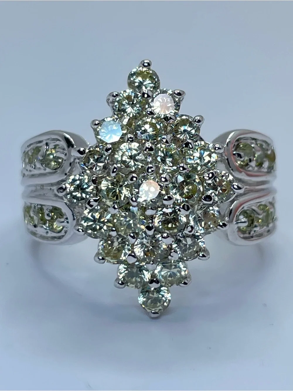 Swarovski Crystal Elements Pale Yellow Art Deco Vintage Look Silver Ring Sz 7